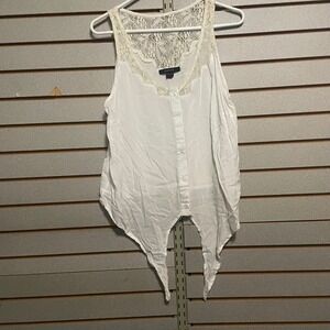 Paper Tee Womens Plus 1X White Lace Yoke Tie Front‎ Button Down Tank  Sleeveless
